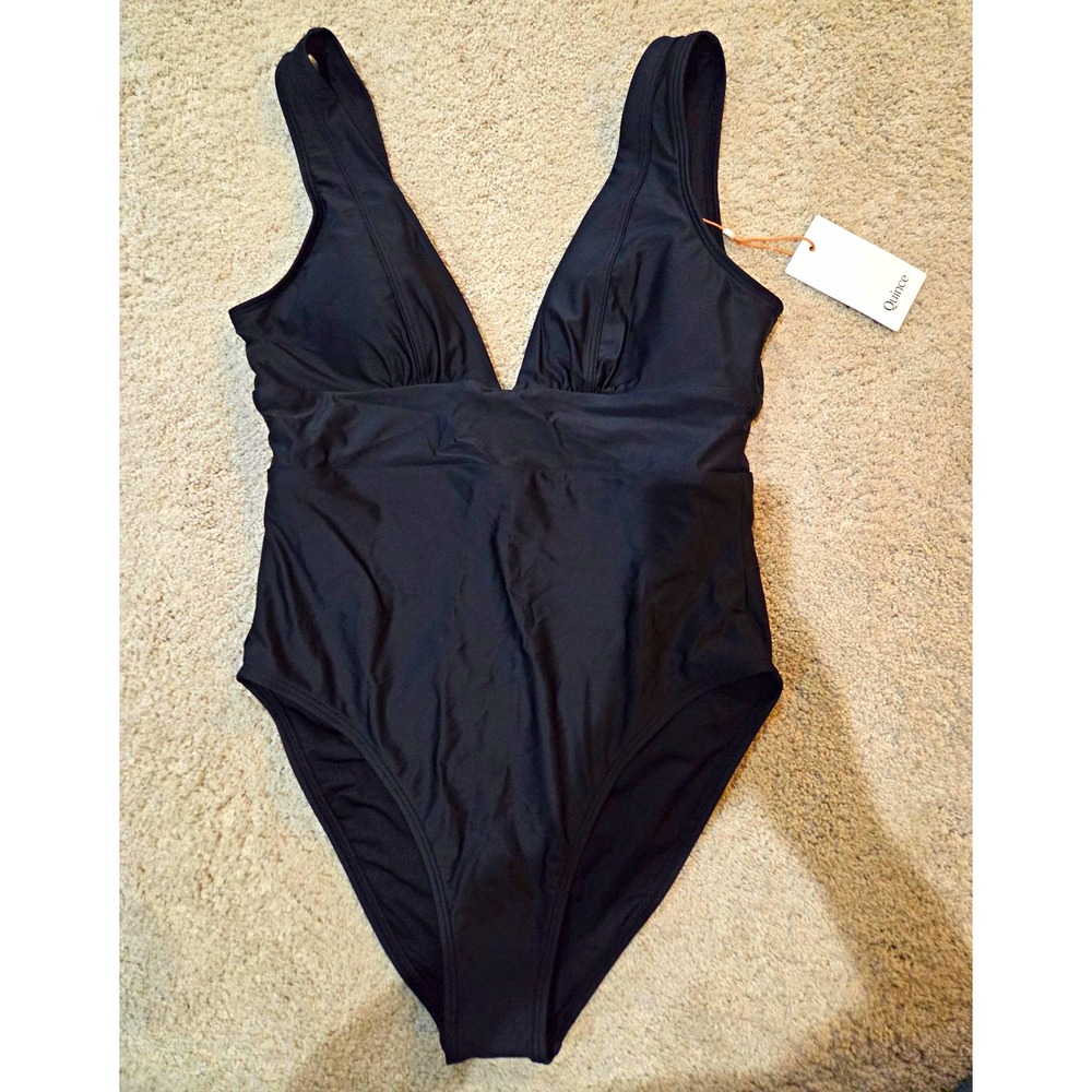 Quince Black Italian Plunge One-Piece Swimsuit — Wide Strap Stretch, M